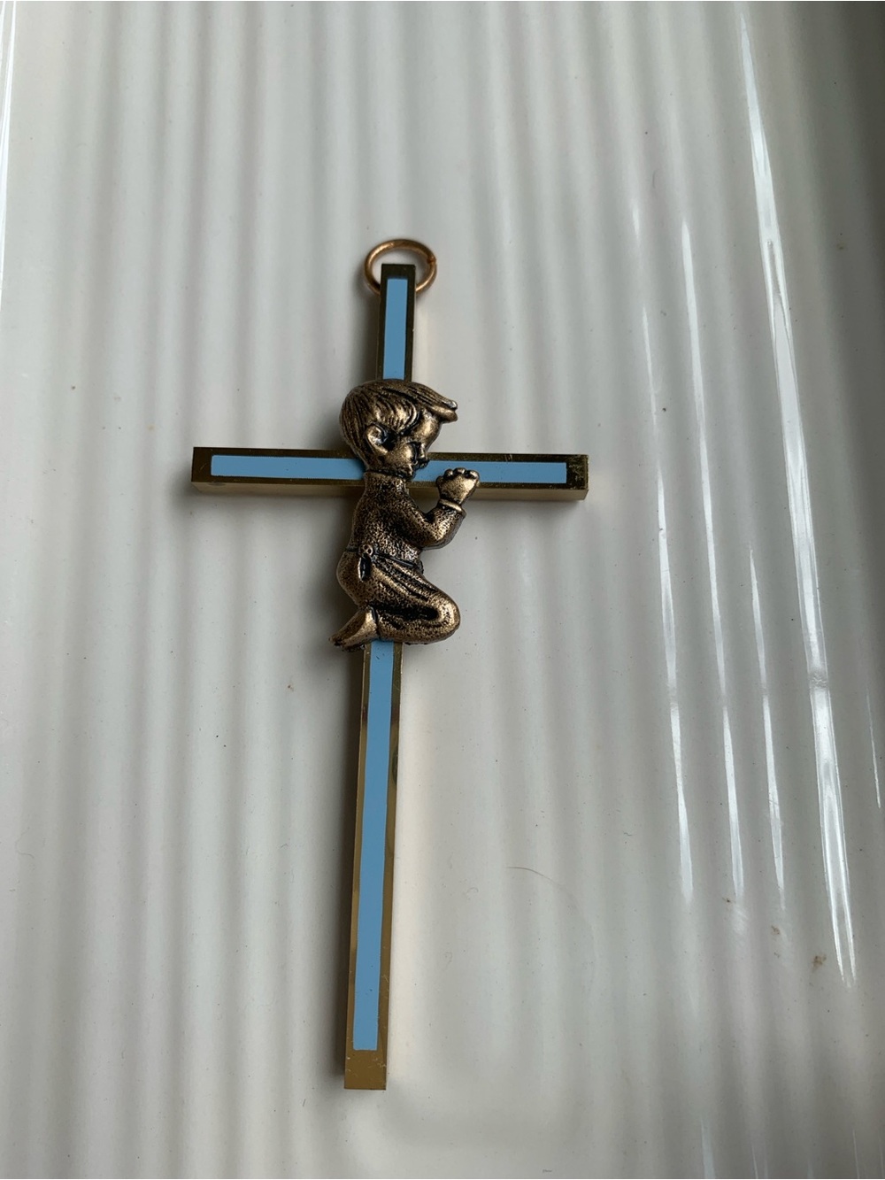 Vintage Gold-Tone w/Blue Enamel Cross Wall Decor with Praying Boy Wall Decor